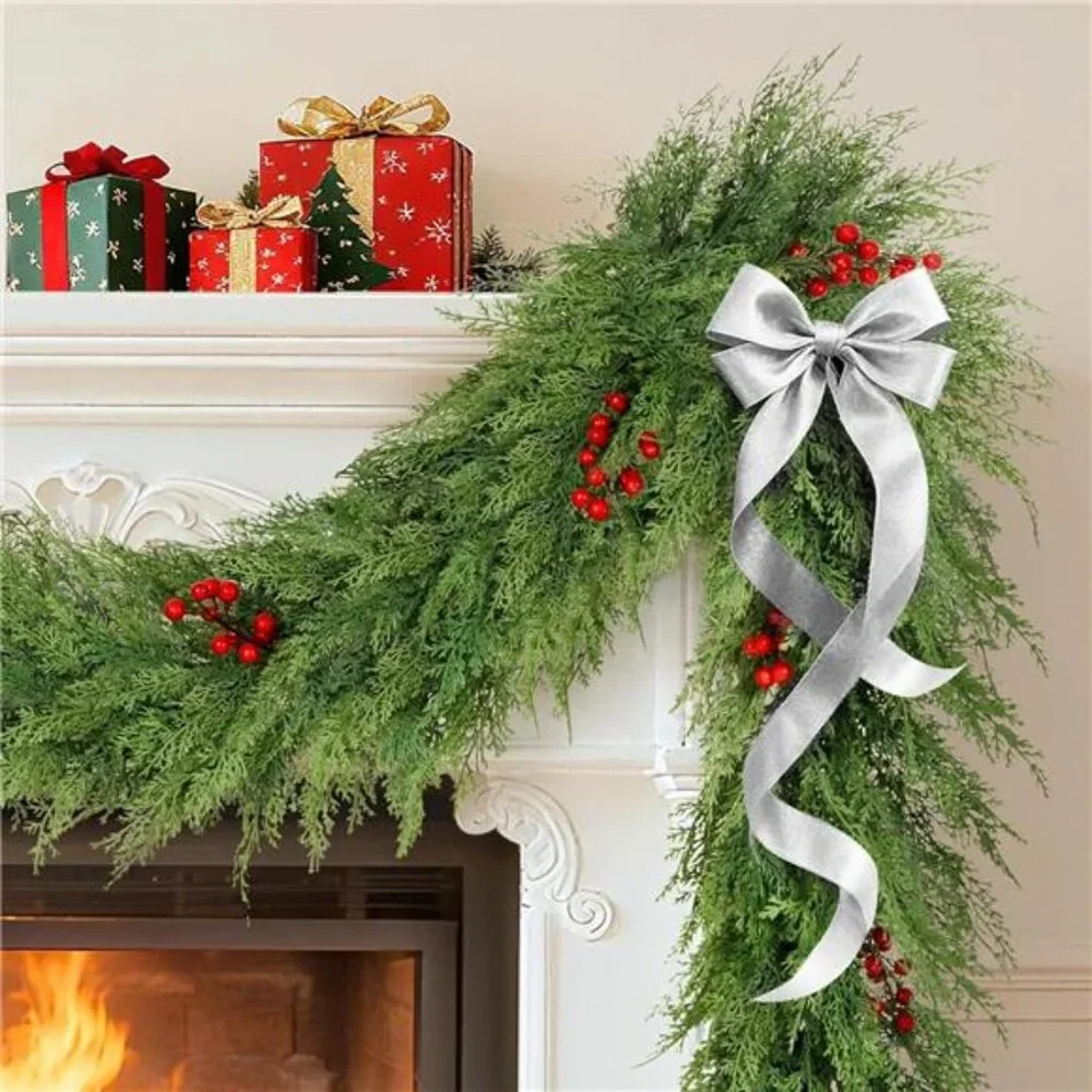 (2 pack) Christmas Garland 9 ft Real Touch Cedar Garland with Red Berry